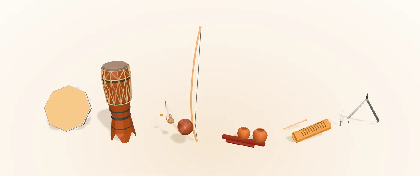 Instrumentos da bateria de capoeira em 3D: pandeiro, atabaque, berimbau, agogô, reco-reco e triângulo.